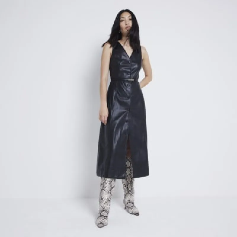 Black faux leather belted shift midi dress sold by River Island