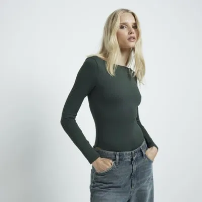 Green scoop back long sleeve bodysuit sold by River Island
