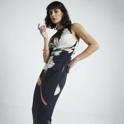 Black slinky floral bodycon midi dress sold by River Island
