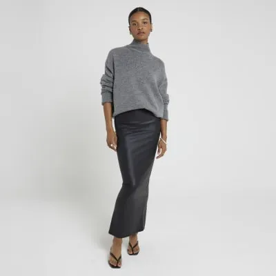 Black Coated Midi Skirt sold by River Island