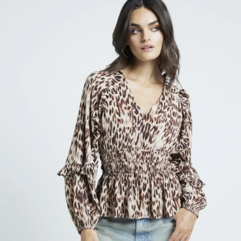 Beige leopard print frill blouse sold by River Island