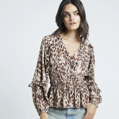 Beige leopard print frill blouse sold by River Island