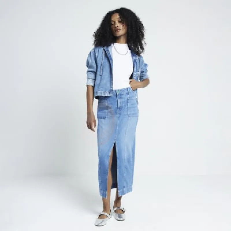 Blue front pocket denim midi skirt sold by River Island