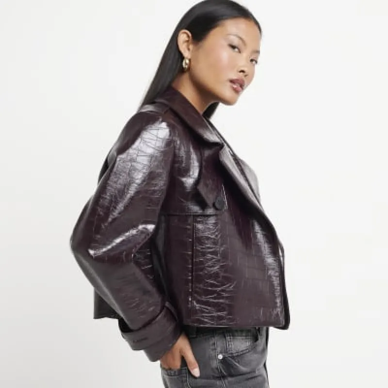 Petite Red faux leather Crop Trench jacket sold by River Island