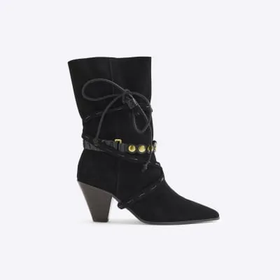 Black Suede Western Heeled Boots sold by River Island
