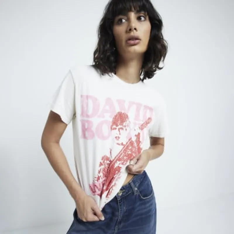 Cream David Bowie graphic t-shirt made by River Island