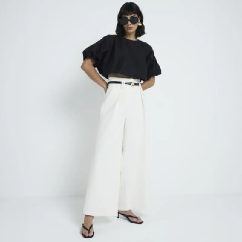 Cream premium High Waisted Wide Leg Trousers sold by River Island