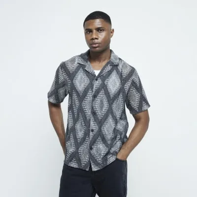 Black regular fit crochet geometric shirt sold by River Island