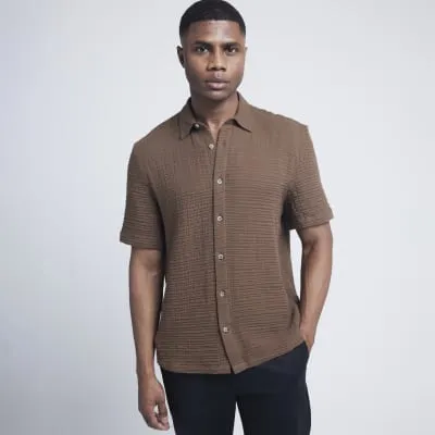 Brown regular fit textured short sleeve shirt sold by River Island