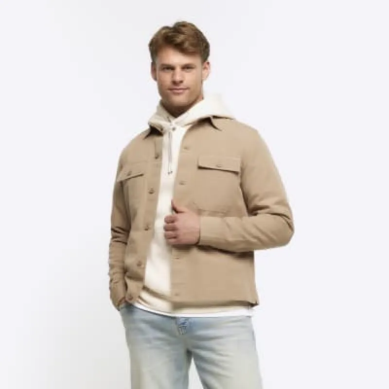 Brown slim fit linen blend overshirt sold by River Island