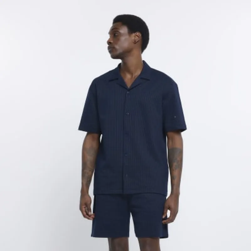 Navy regular fit revere shirt sold by River Island