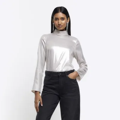 Silver high neck long sleeve blouse sold by River Island