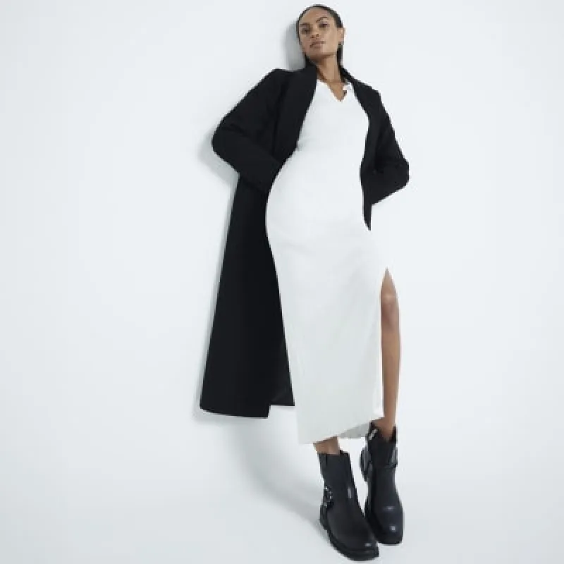 Cream Long Sleeve Knit Collared Midi Dress sold by River Island