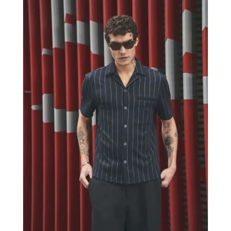 Navy Regular Fit Pinstripe Short Sleeve Shirt sold by River Island
