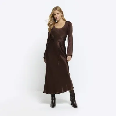 Brown satin belted slip midi dress sold by River Island