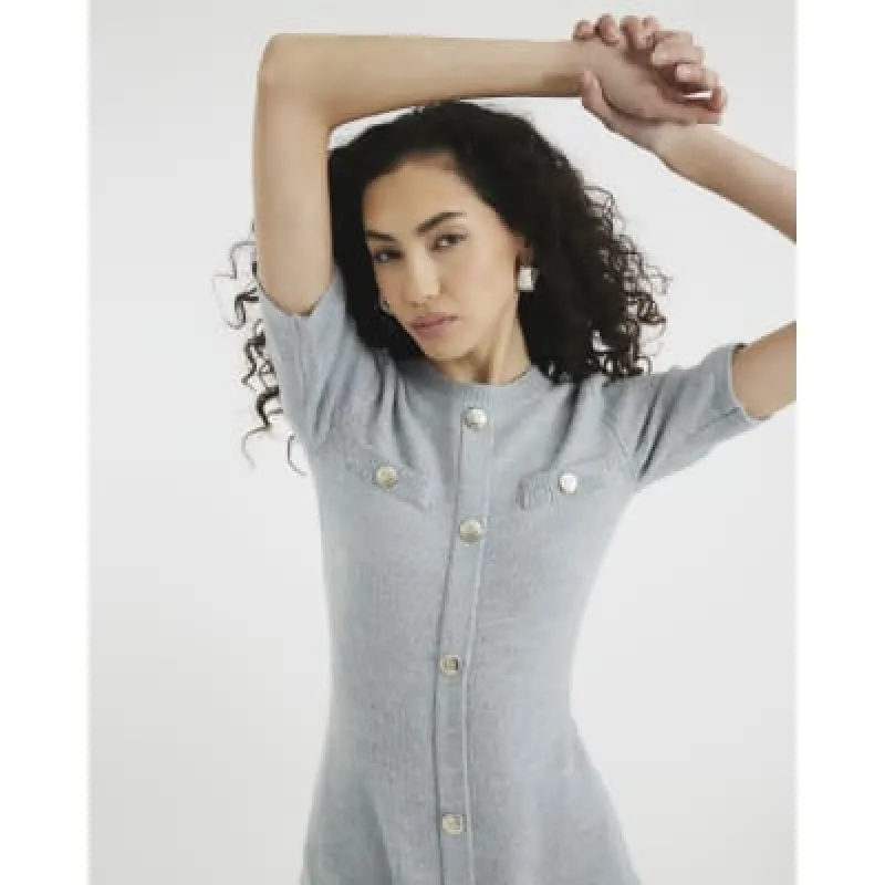 Grey Short Sleeve Button Knit Mini Dress sold by River Island