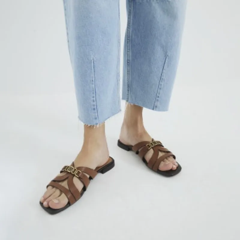 Brown Faux Leather Strappy Flat Mule Sandals sold by River Island