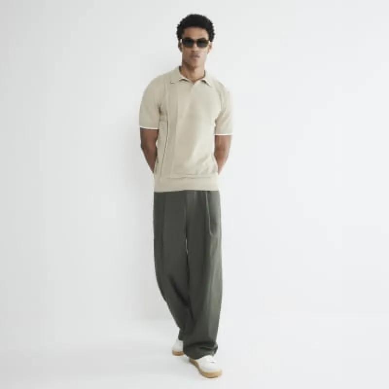 Stone Asymmetric Open Collar Polo Shirt sold by River Island