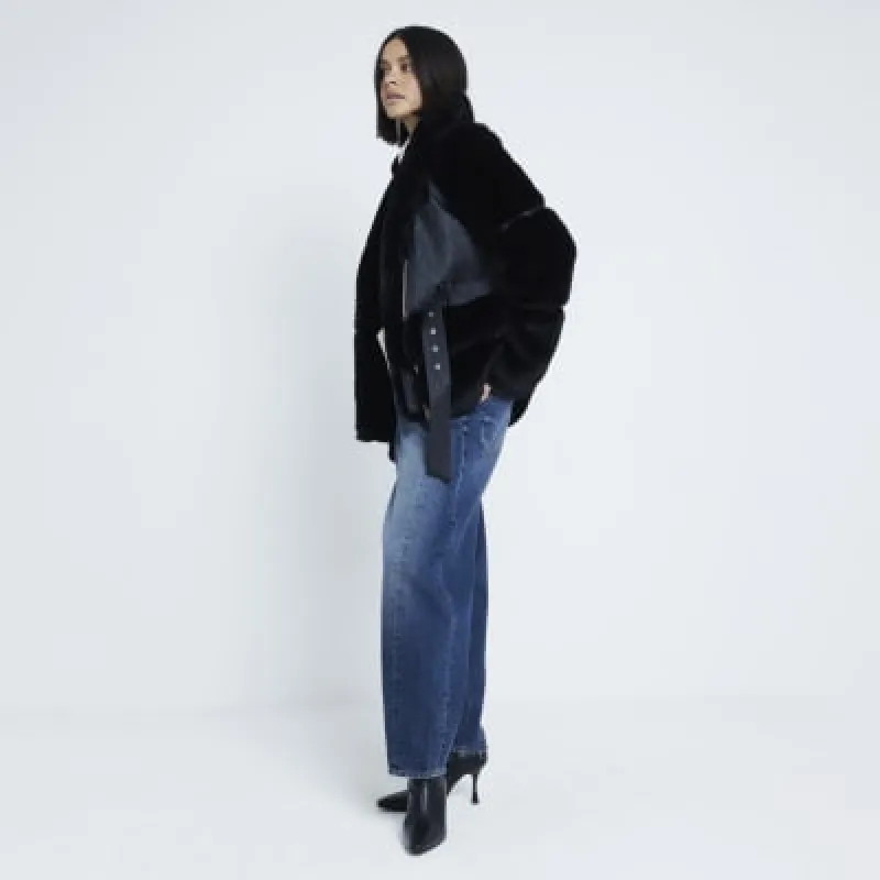 Black Belted Faux Fur Biker Jacket sold by River Island