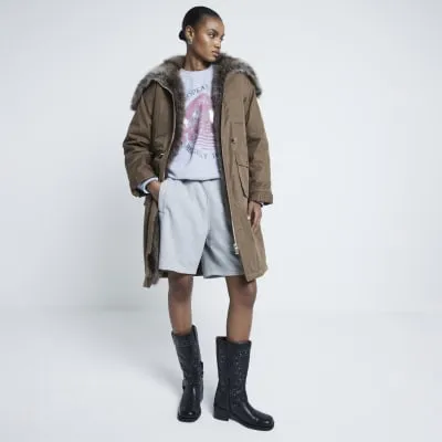 Khaki Faux Fur Trim Jacket sold by River Island