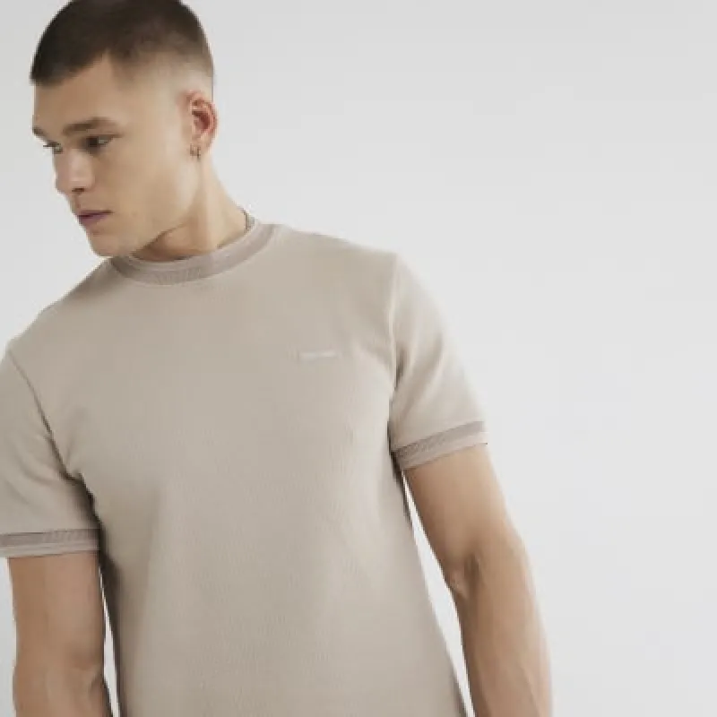 Stone Slim Fit Quilted RI Badge T-Shirt sold by River Island
