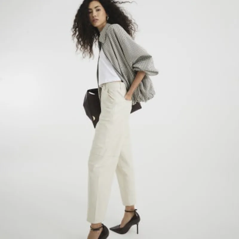 Cream premium Leather Barrel Trousers sold by River Island