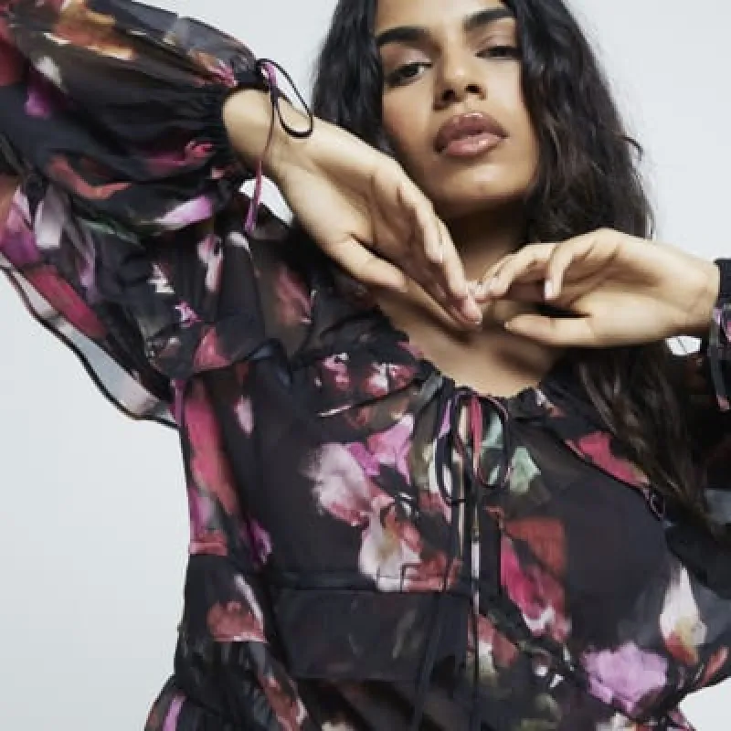 Petite Black Chiffon Floral Ruffle Tie Blouse sold by River Island