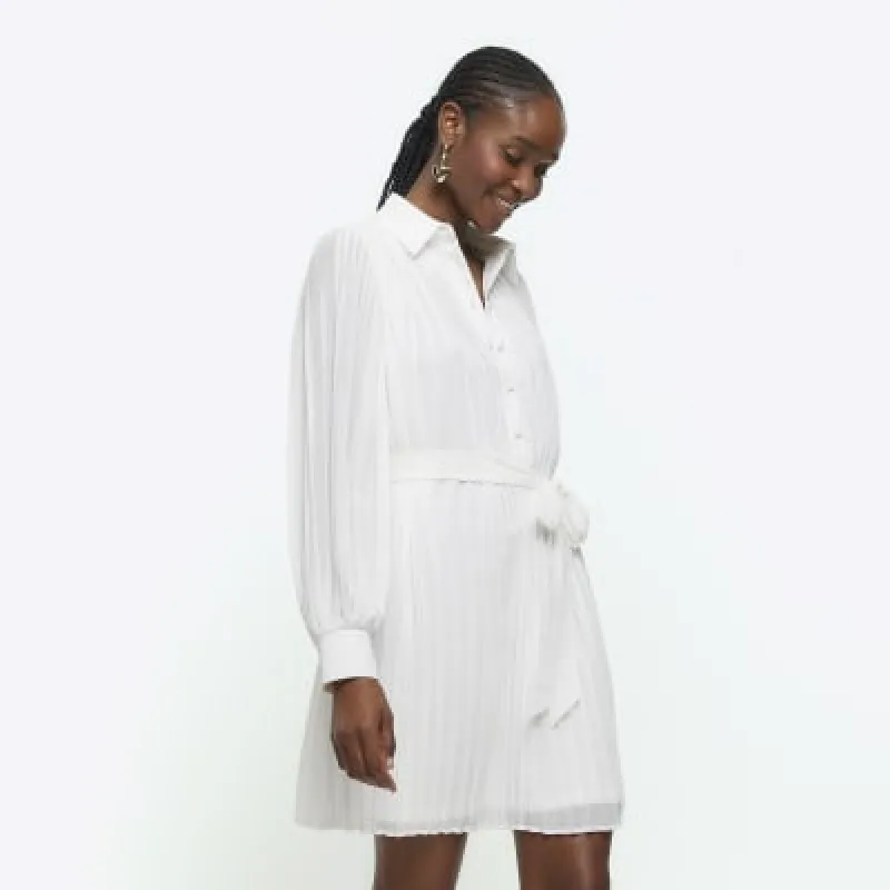 White plisse tie waist mini shirt dress sold by River Island