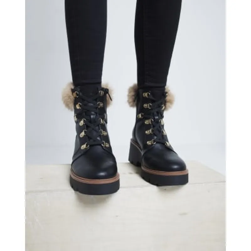 Black Faux Fur Trim Wedged Hiking Boots sold by River Island
