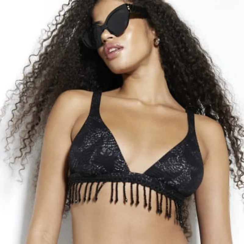 Black Jacquard Western Tassel Bikini Top sold by River Island