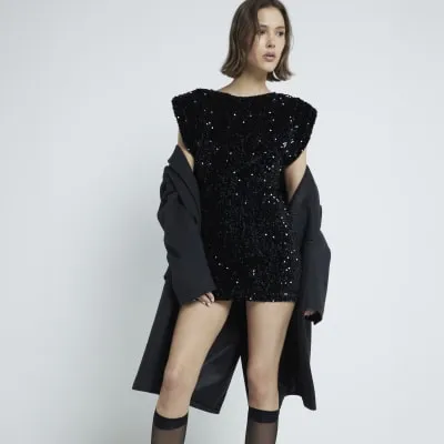 Black Velvet Sequin Mini Dress sold by River Island