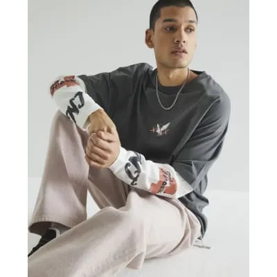 Khaki Regular Fit Eagle Double Layer T-Shirt sold by River Island