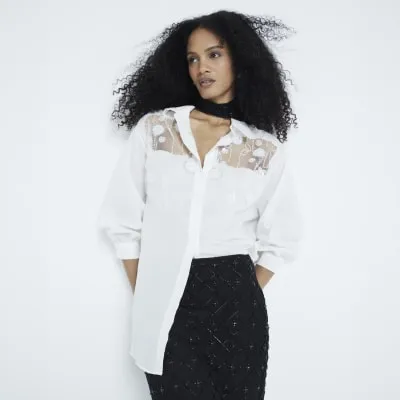 White Long Sleeved Embellished Mesh Shirt sold by River Island