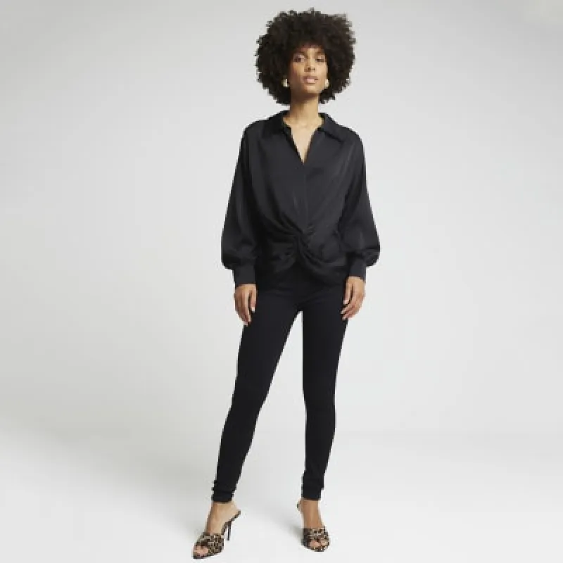 Black satin front knot blouse sold by River Island