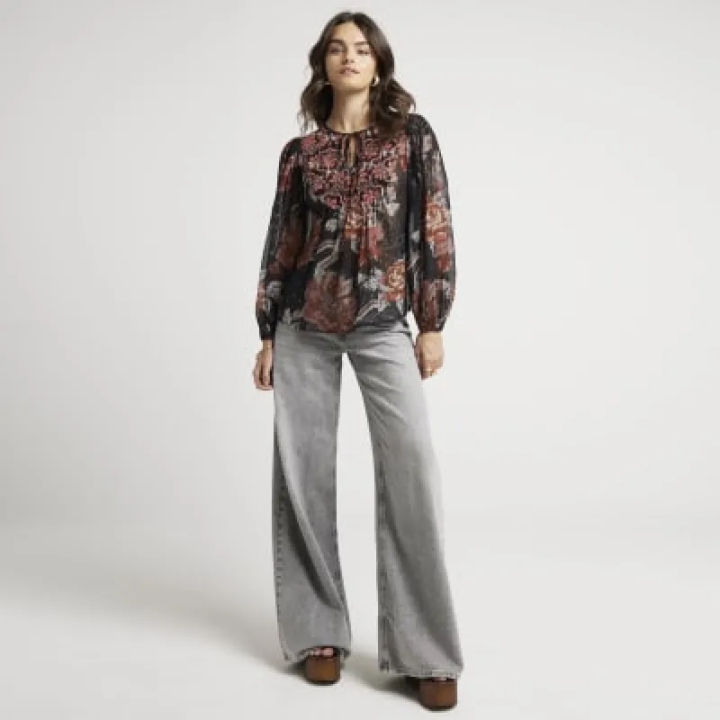 Black Floral Embellished Smock Top sold by River Island