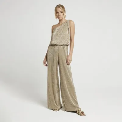 Gold plisse metallic one shoulder jumpsuit sold by River Island