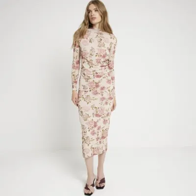 Beige floral drape bodycon midi dress sold by River Island