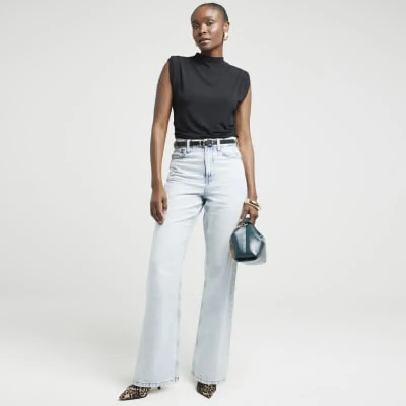 Black Slinky Shoulder Pad Top sold by River Island