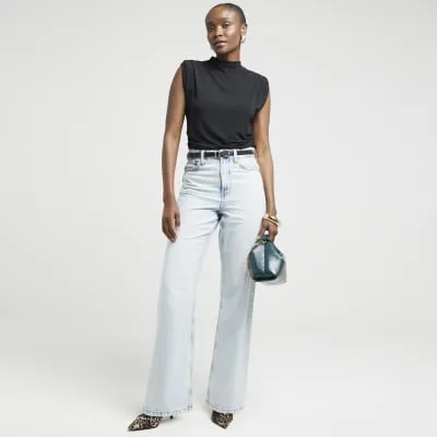 Black Slinky Shoulder Pad Top sold by River Island