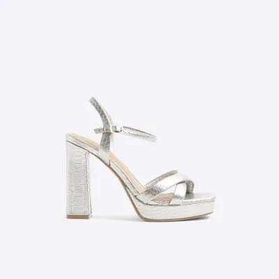 Silver croc embossed platform heeled sandals sold by River Island