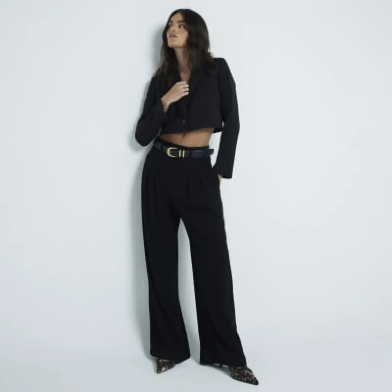 Black Pleated Wide Leg Trousers sold by River Island