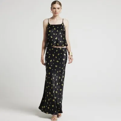 Black satin floral cowl neck cami top sold by River Island