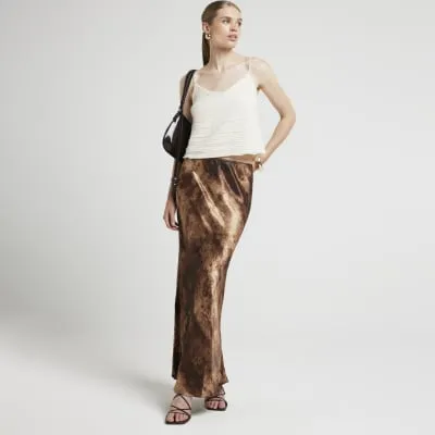 Brown Satin Abstract Maxi Skirt sold by River Island