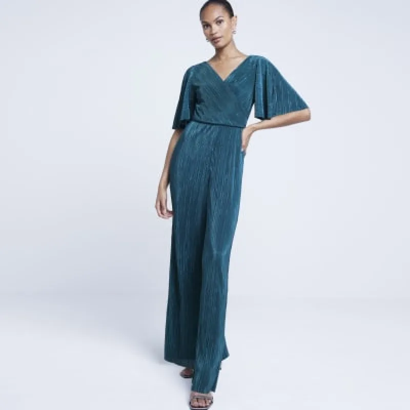 Green plisse flute sleeve jumpsuit sold by River Island