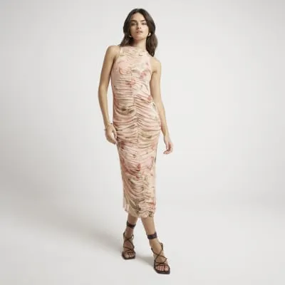 Beige mesh floral ruched bodycon midi dress sold by River Island