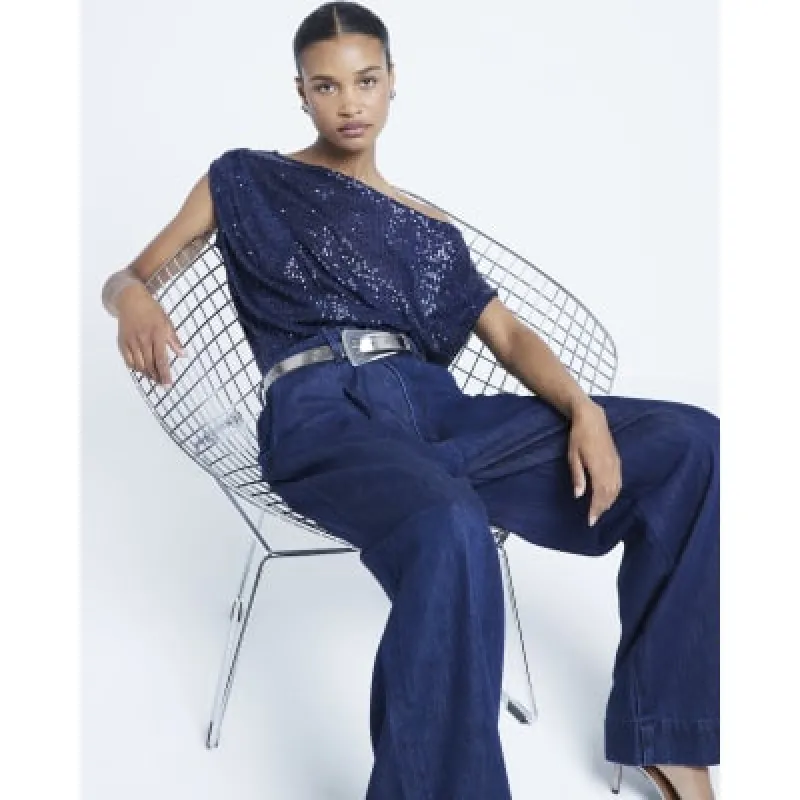 Navy Off Shoulder Sequin Top sold by River Island