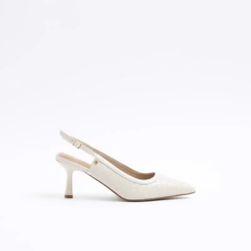 Beige weave heeled court shoes sold by River Island