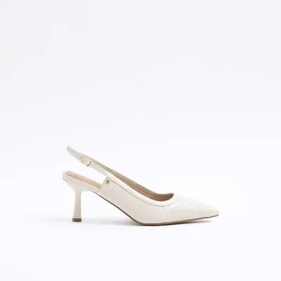 Beige weave heeled court shoes sold by River Island