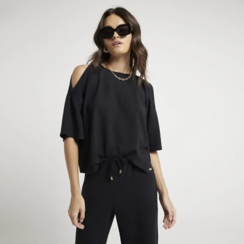 Black Textured Cold Shoulder T-Shirt sold by River Island