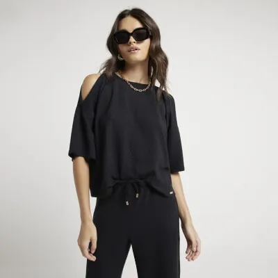 Black Textured Cold Shoulder T-Shirt sold by River Island